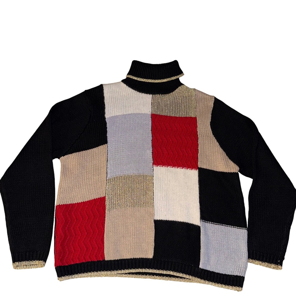 Vintage Women XL‎ Patchwork Knit Turtleneck Sweater Size XL
